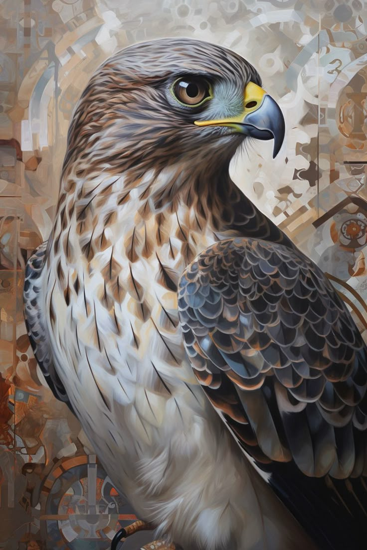 a painting of a hawk sitting on top of a table