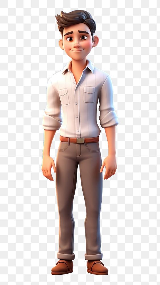 an animated man standing with his hands in his pockets, wearing a white shirt and brown pants