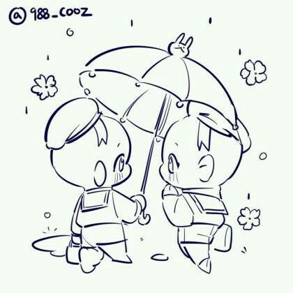 two children are playing in the rain under an umbrella coloring page for kids, with flowers and clovers behind them