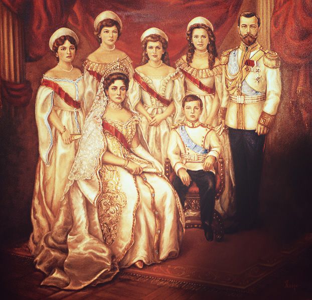 a painting of a group of people dressed in formal dress and tiaras, standing next to each other