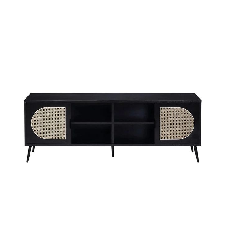 a black and white tv stand with two speakers on it's sides, in front of a white background