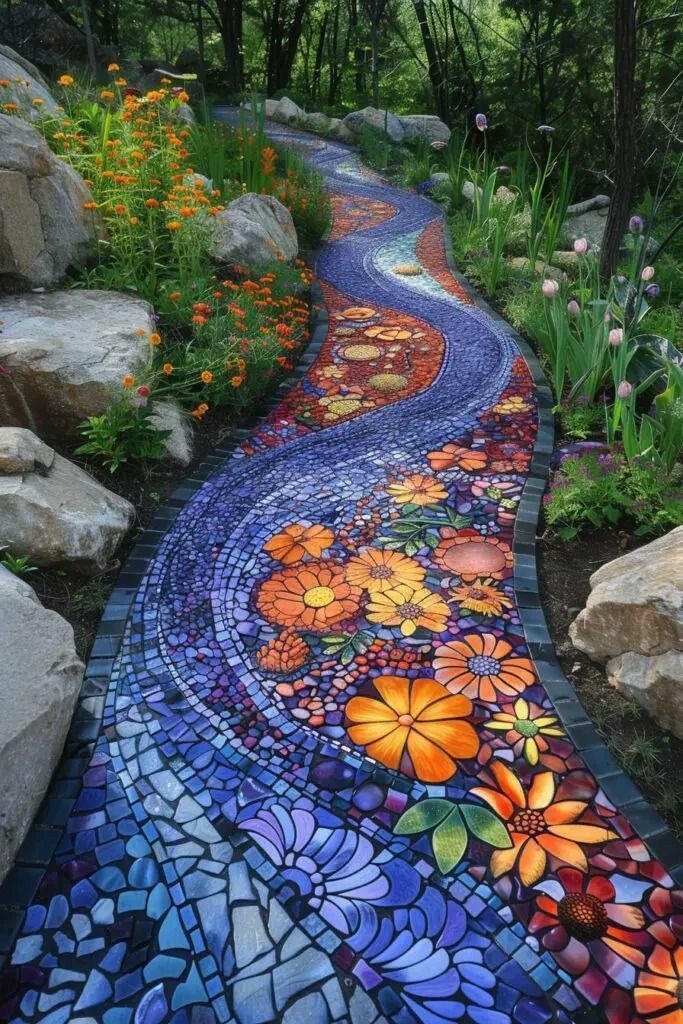 a colorful pathway with flowers painted on the side and rocks in the middle, surrounded by plants