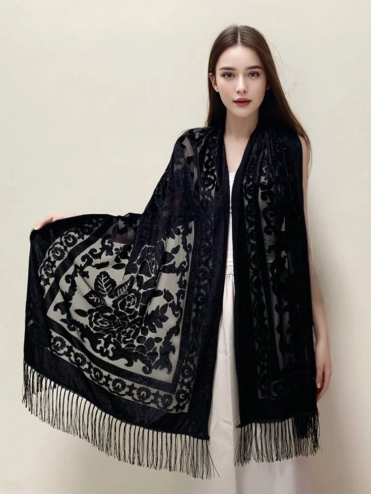 Color: Black Features: Warming, Softness, Skin-friendly Style: Witchy Pattern Type: Plants Type: Scarf, Shawls Product Technique: Jacquard Element: Plants Material: Polyester Composition: 100% Polyester Witchy Pattern, Velvet Fringe, Winter Accessories Fashion, Elegant Shawl, Lace Shawl, Fringe Scarf, Black Features, Wedding Outfits, Long Maxi