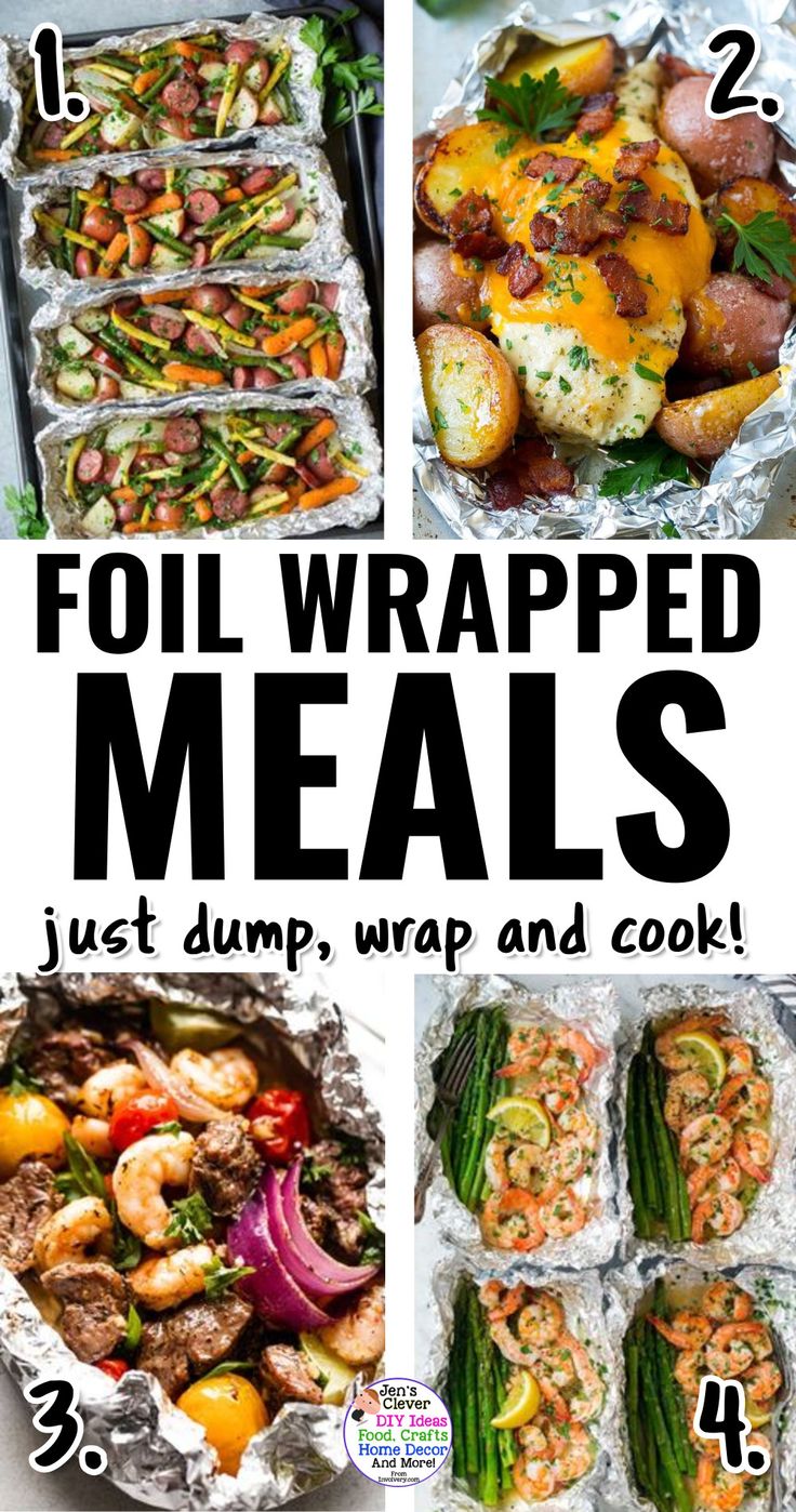 foil wrapped meals with text overlay that says foil wrapped meals just dump, wrap and cook