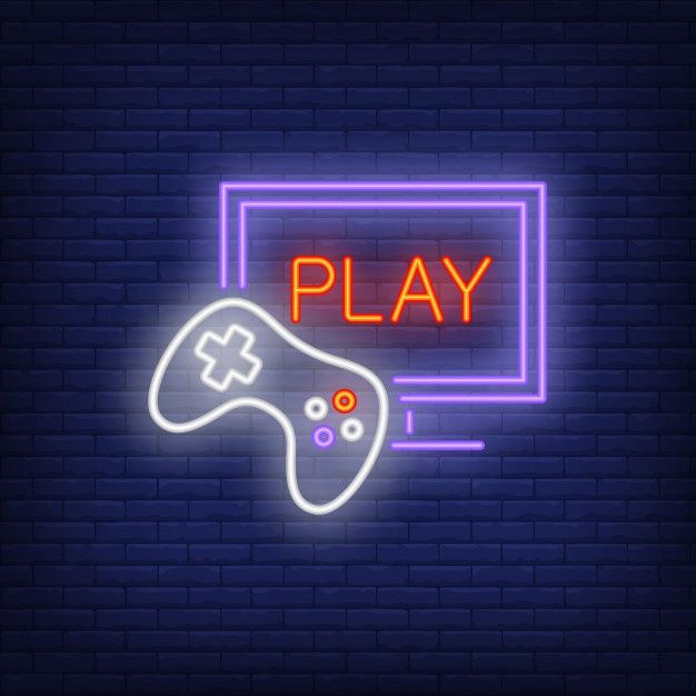 neon sign with video game controller and play button on brick wall background, glowing text