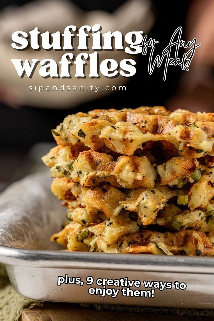 a stack of stuffing waffles sitting on top of a metal pan