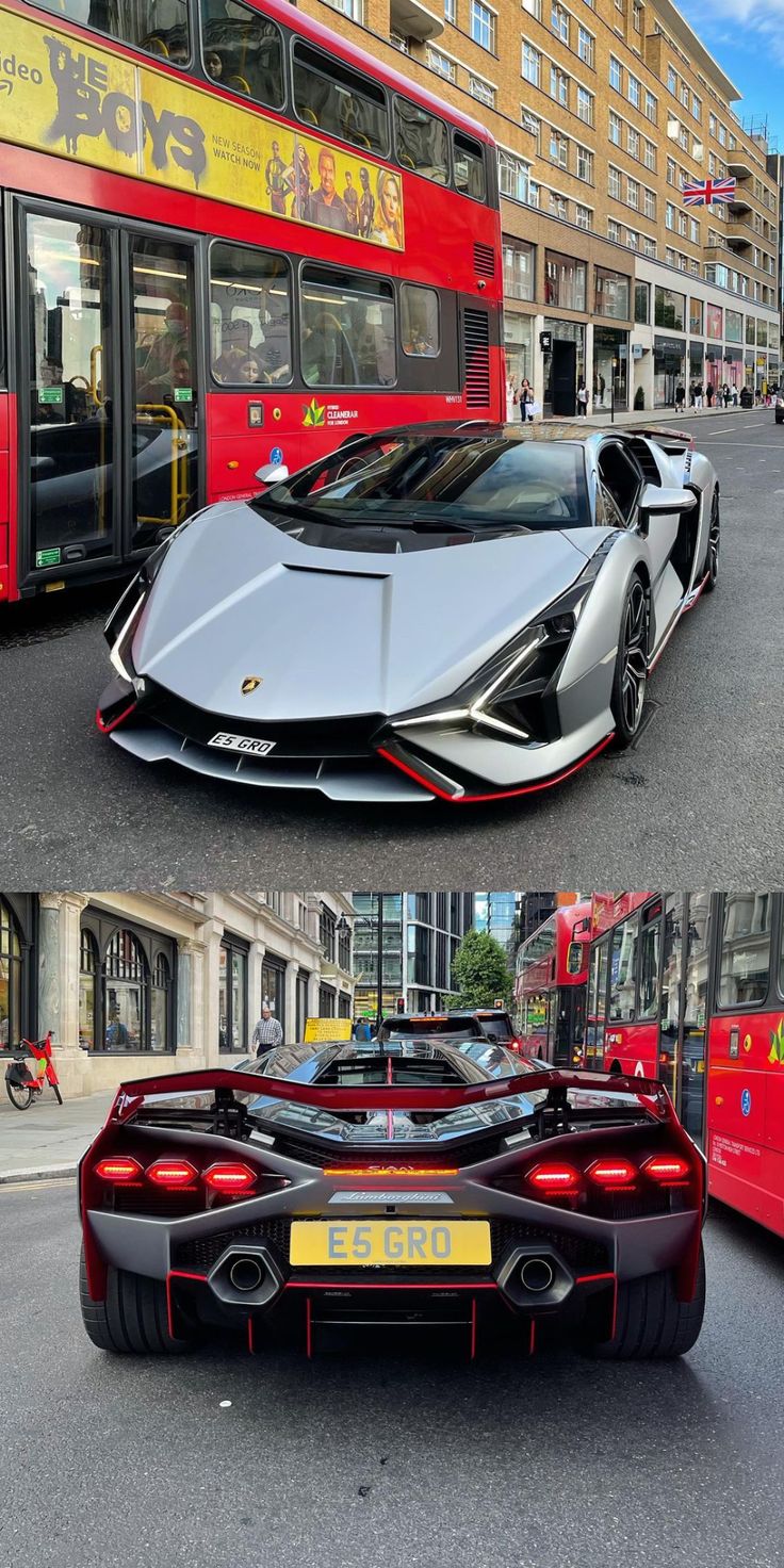 two different views of the same car in front of a red double - decker bus