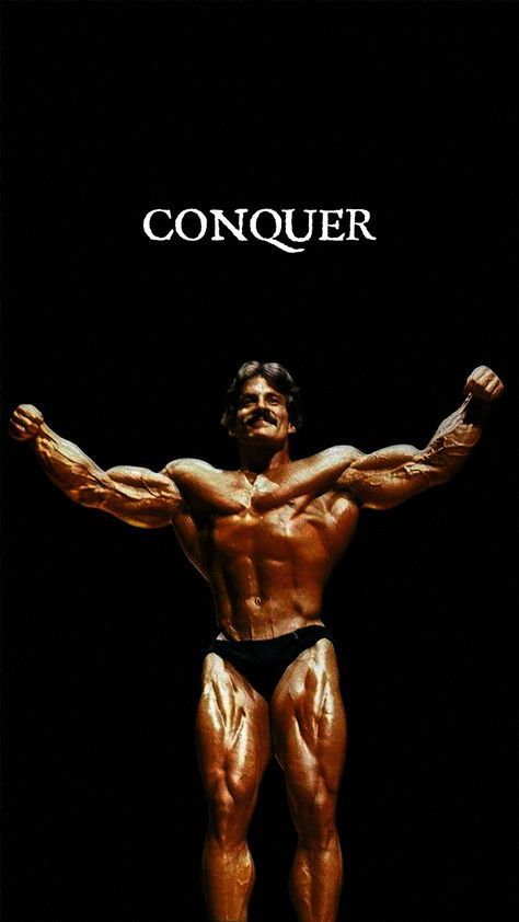 a bodybuilding man standing in front of a black background with the words conquer on it