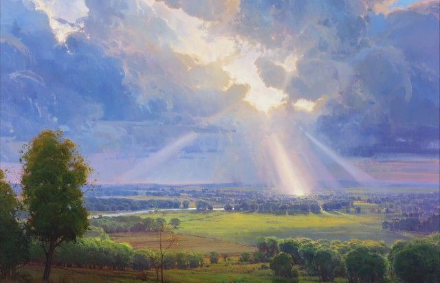 a painting of sun rays coming through the clouds over a green field with trees in the foreground