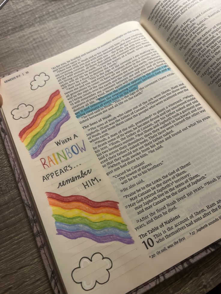 an open bible with rainbow written on it and the words when rainbow appears, surrounded by clouds