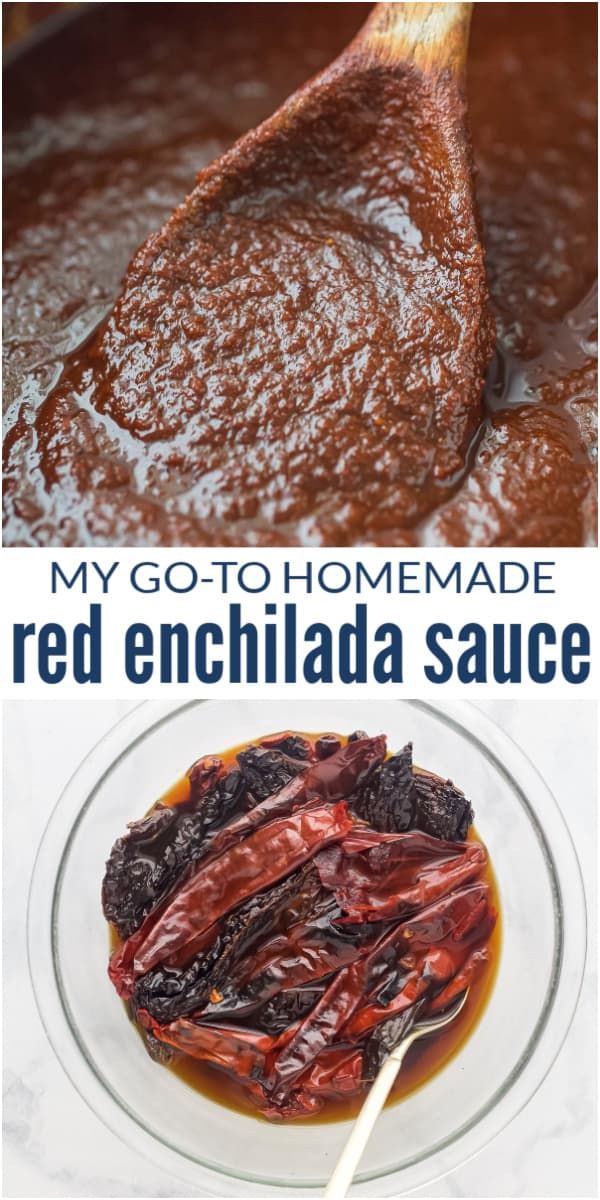 red enchilada sauce in a glass bowl with a wooden spoon on the side