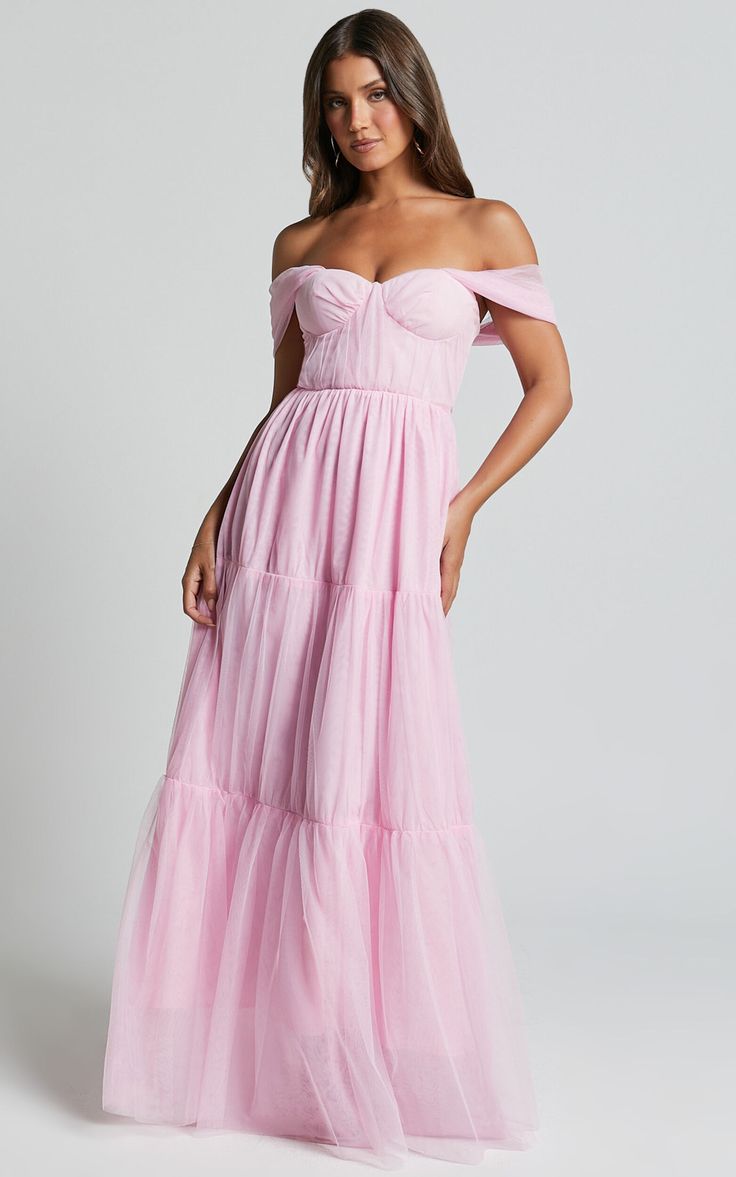 Ontario Maxi Dress - Off Shoulder Corset Bodice Tulle Dress in Ballet Pink | Showpo USA Light Pink Bridesmaids, Off Shoulder Corset, Light Pink Bridesmaid Dresses, Basic Black Dress, Bachelorette Dress, Neon Outfits, Spring Maxi Dress, Navy Bridesmaid Dresses, Pink Bridesmaid Dresses