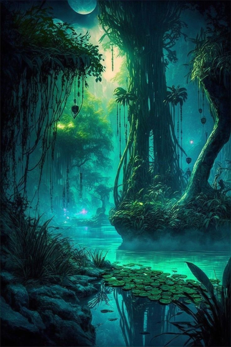 an image of a swampy forest with trees and plants in the water at night