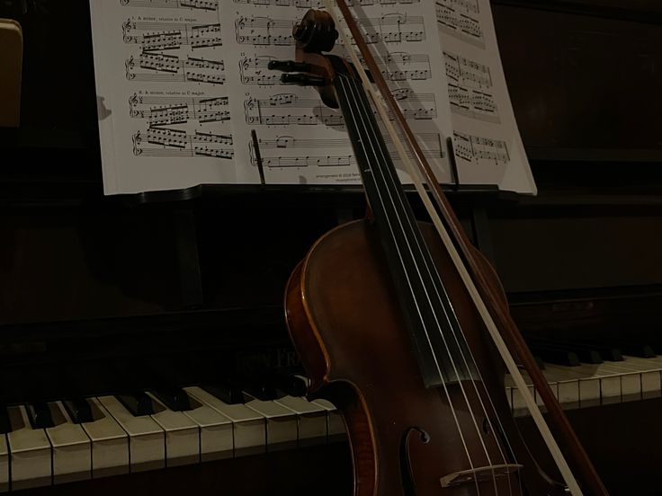 a violin sitting on top of a piano