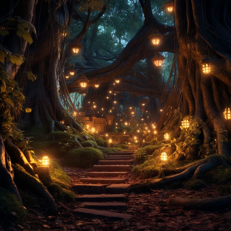 an image of a pathway that is lit up with lanterns in the forest at night