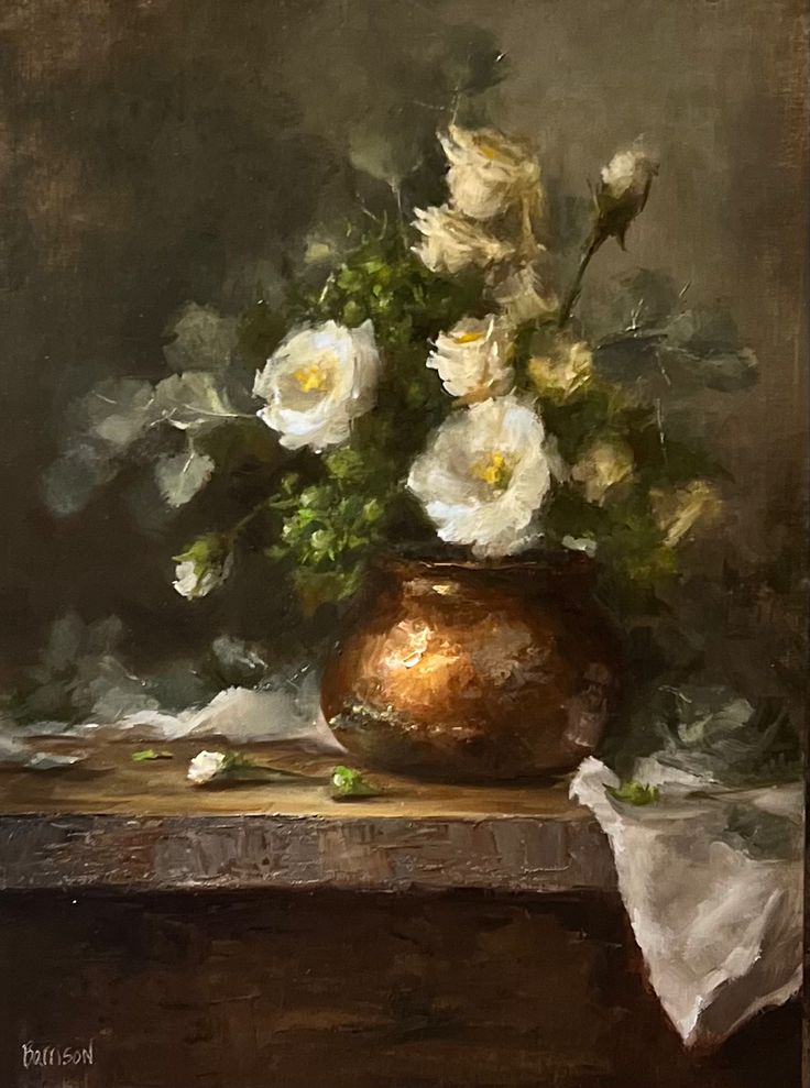 a painting of white flowers in a vase on a table with a cloth next to it