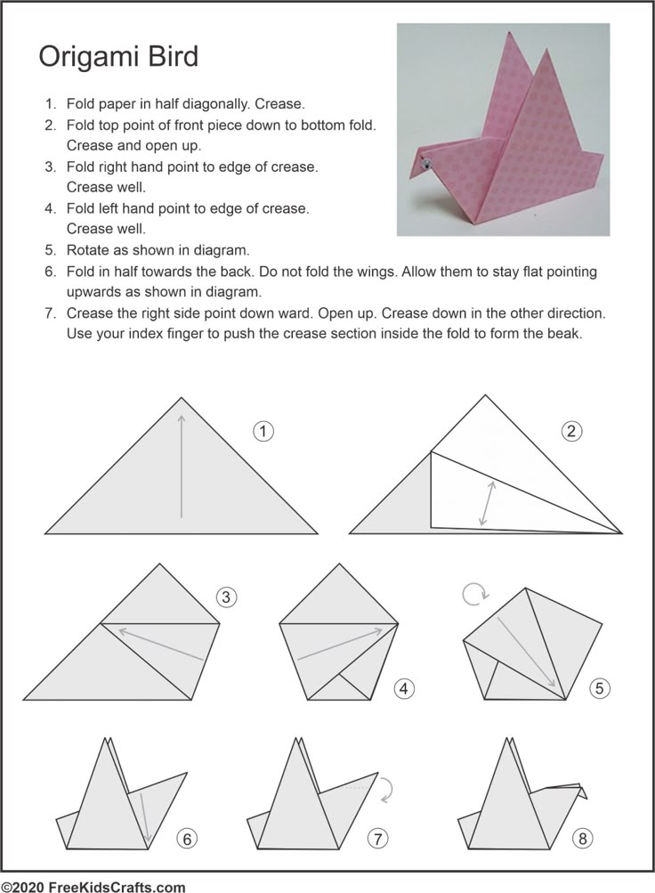 an origami bird is shown with instructions to make it