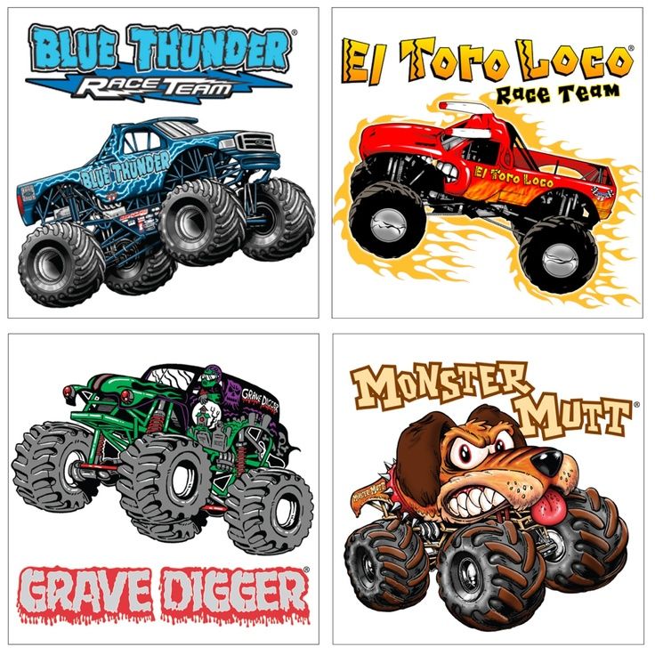 four monster trucks with different designs on the front and back, all in various colors