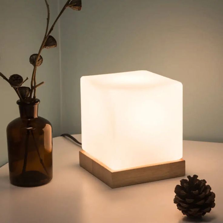 Nordic Style Cube Table Light With White Glass And Wooden Base - Single Nightstand Lighting Ice Table, Lighting Restaurant, Nightstand Lighting, Cube Lamps, Nightstand Light, Cube Table, Nordic Lamp, Lamp Bedroom, Small Table Lamp