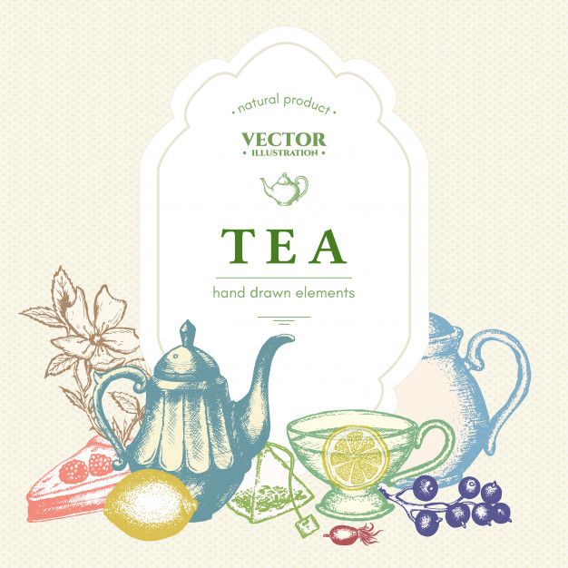 the tea label is surrounded by different types of food and drinks, including lemons