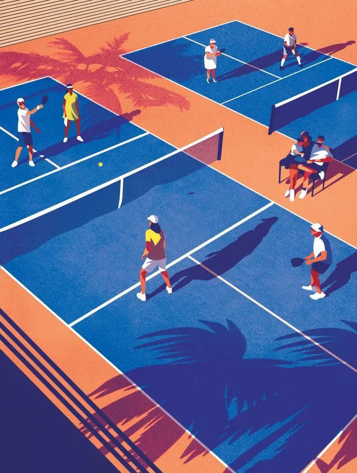 people are playing tennis on an orange and blue court with palm trees in the background