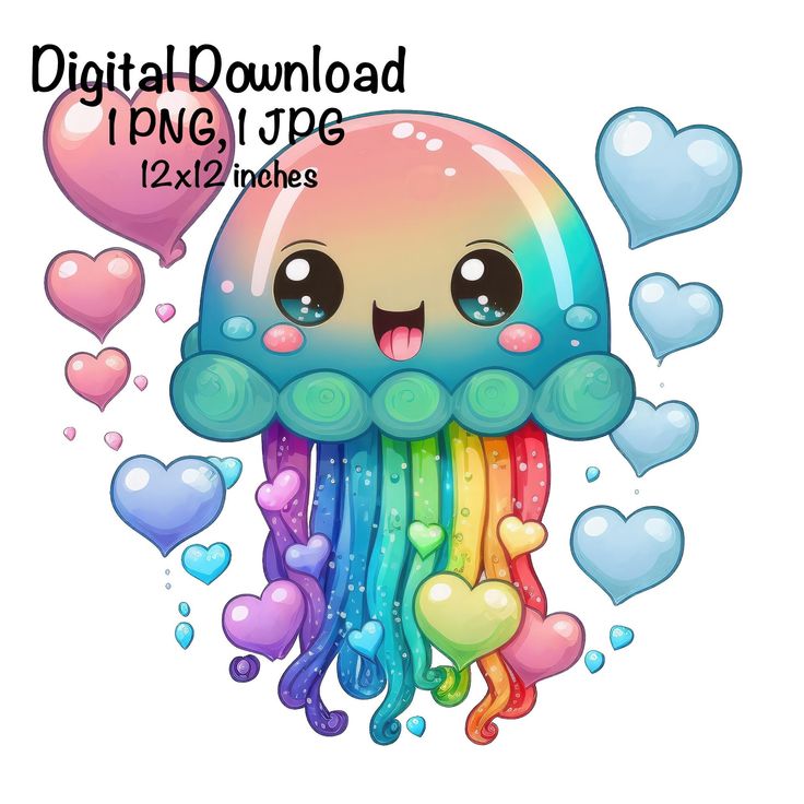 an image of a jellyfish with hearts on it's back and the words digital download