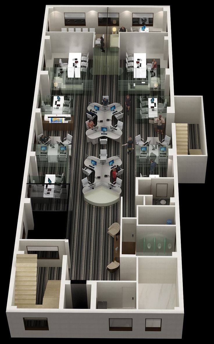 an overhead view of a cubicle with desks, chairs and other office furniture