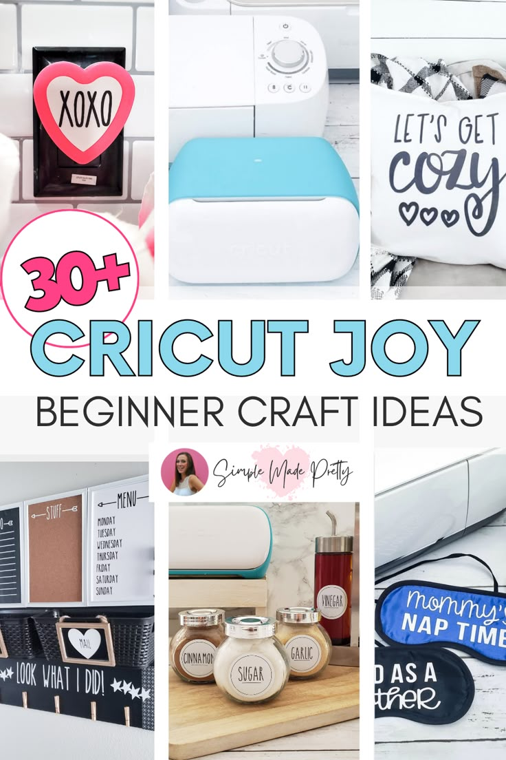 the words cricut joy beginner craft ideas are shown in several different pictures