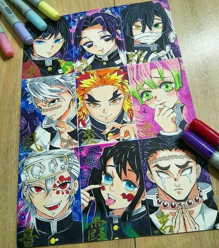 an image of some anime characters on a table with crayon markers and colored pencils