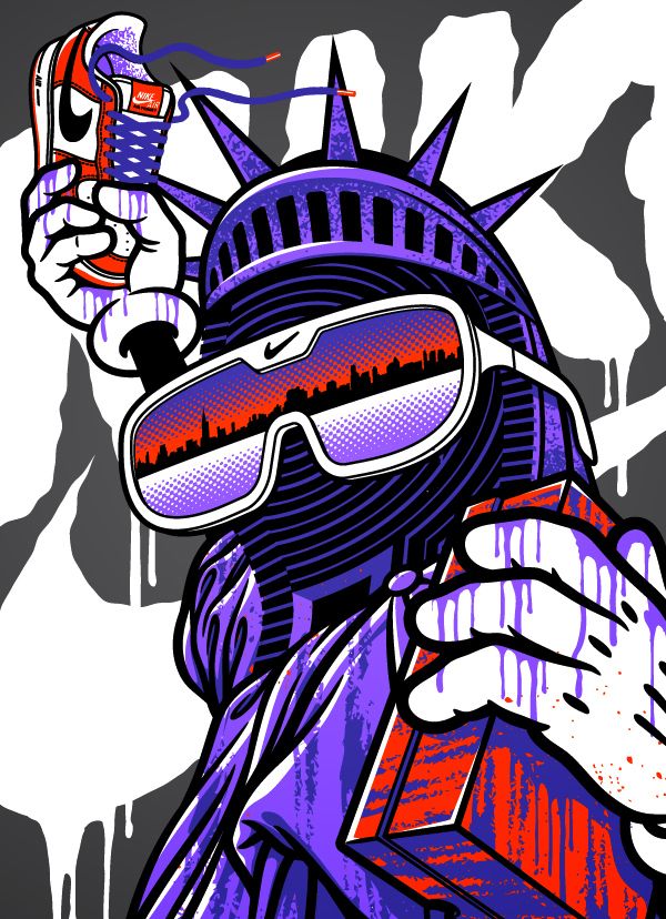 the statue of liberty wearing goggles and holding a cell phone