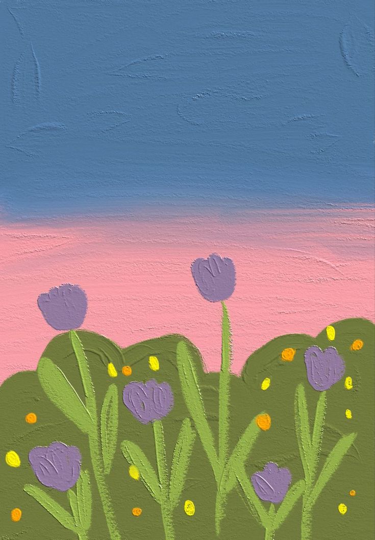 a painting of purple flowers in front of a blue and pink sky with yellow dots