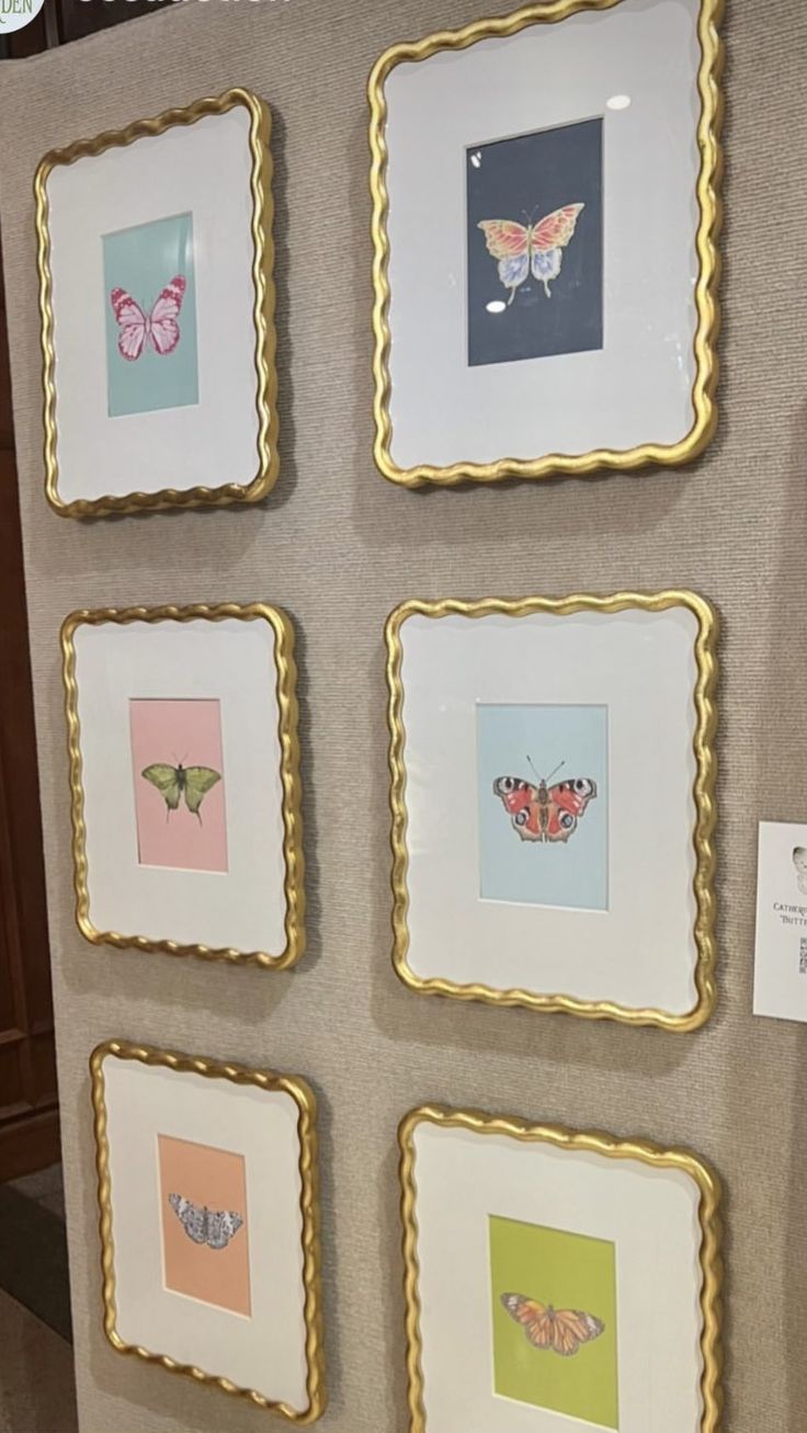 the wall is decorated with framed pictures and butterflies