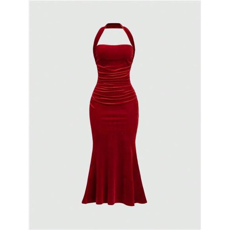 This Bodycon Masterpiece Features A Sultry Halter Neckline And Ruched Detailing That Sculpts Your Figure. The Backless Design And Mermaid Hem Add A Touch Of Allure, While The High-Stretch Velvet Fabric Ensures A Comfortable, Slim Fit. Perfect For Making A Statement At Any Event, This Long, Sleeveless Dress Promises An Unforgettable Look. Red Halter Dress Long, Little Red Dress Classy, Red Velvet Dress Short, 8th Grade Prom Dresses, Red Hoco Dress, Halter Strap Dress, Red Halter Dress, Long Sleeveless Dress, Velvet Dress Short