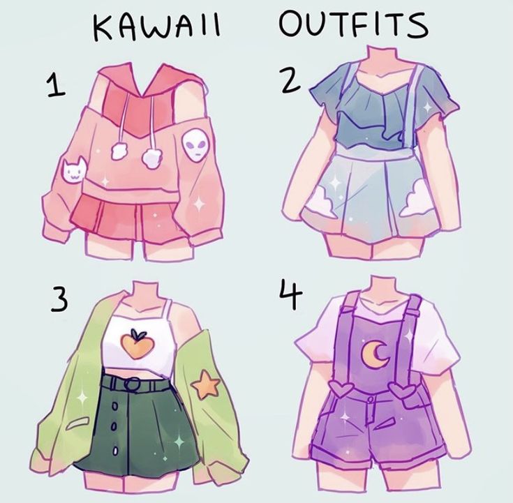 the instructions for how to draw kawai outfits in anime style, including shorts and tops