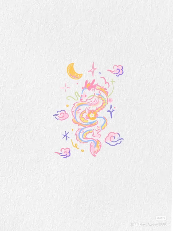 a drawing of a dragon with stars and moon on it's back side, in pastel colors