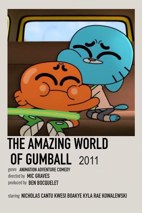 an advertisement for the amazing world of gumball, with two cartoon characters hugging each other