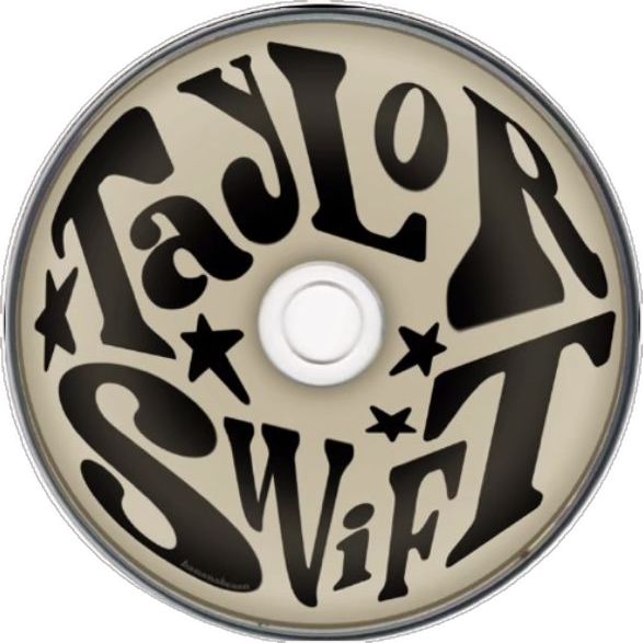 a white disc with black letters and stars on the bottom that says, taylor swift