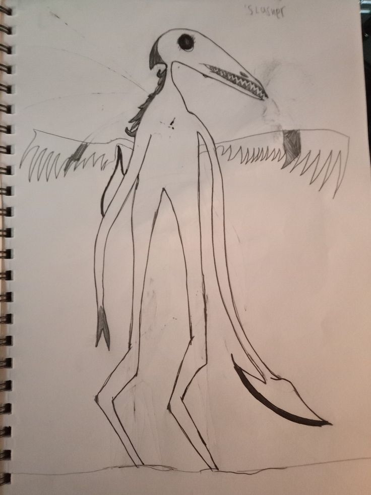 a drawing of a bird with long legs and an open beak, standing in front of a body of water