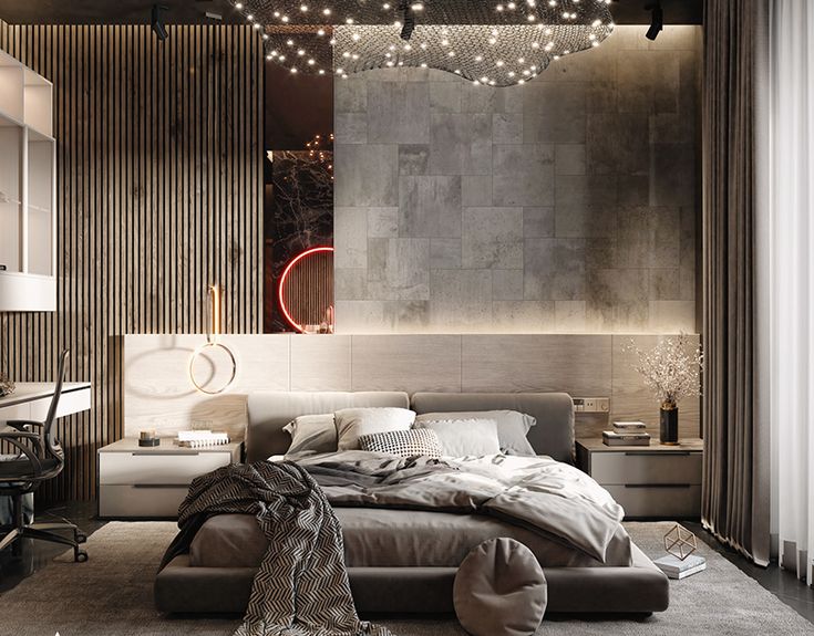 a bedroom with a large bed and lots of lights hanging from it's ceiling