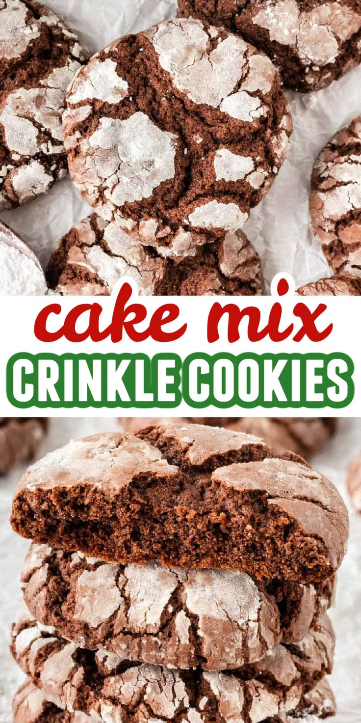 chocolate crinkle cookies stacked on top of each other with the words cake mix