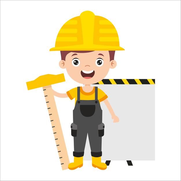 a boy in construction gear holding a ruler