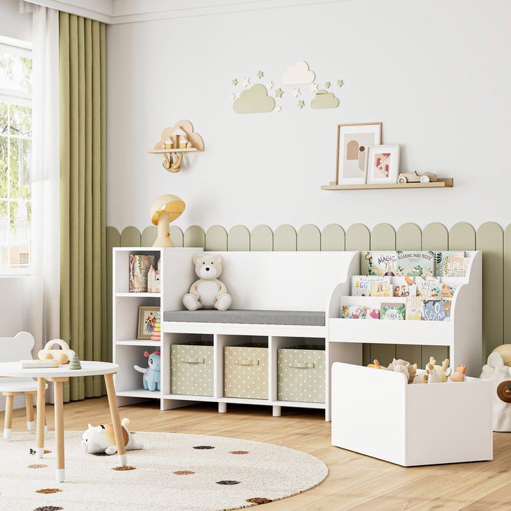 a child's room with toys and bookshelves on the floor, along with other furniture