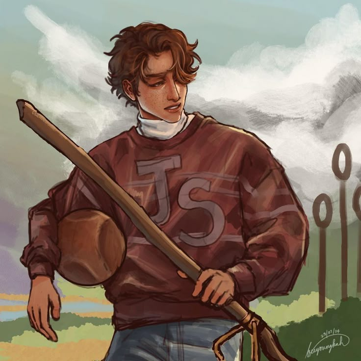 a drawing of a man holding a stick and wearing a sweater with the letter j on it