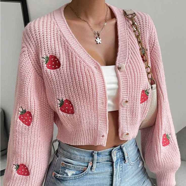 Super Cute And Stylish Ships In 5-10 Business Days Desk Outfits, Strawberry Embroidery, Adrette Outfits, Cute Dress Outfits, Cute Preppy Outfits, Really Cute Outfits, Cute Sweaters, Girly Outfits, Preppy Outfits