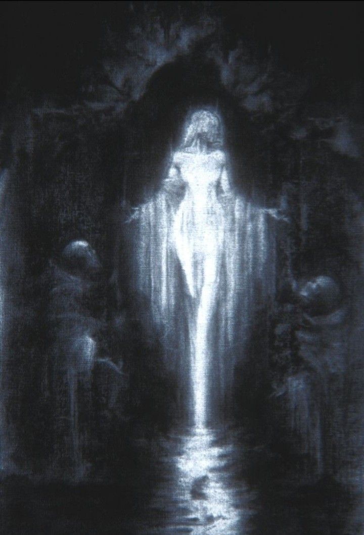 a painting of a woman standing in front of a waterfall with her head above the water