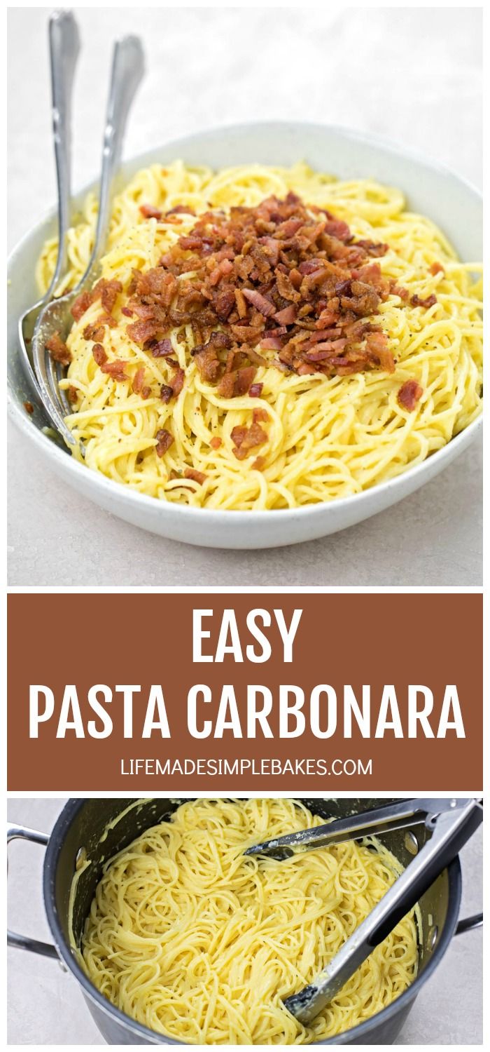 easy pasta carbonara recipe with bacon and cheese in a white bowl on a table