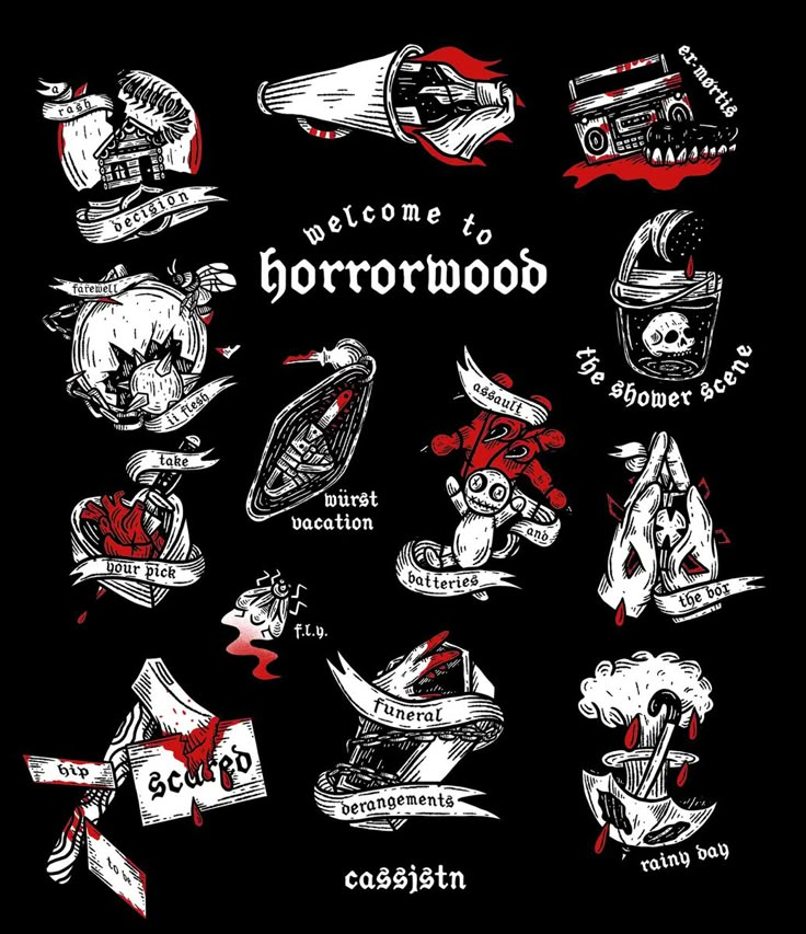 a bunch of different tattoos on a black background with the words welcome to borrowwood