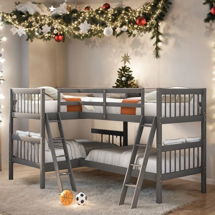 bunk beds with ladders are decorated for christmas