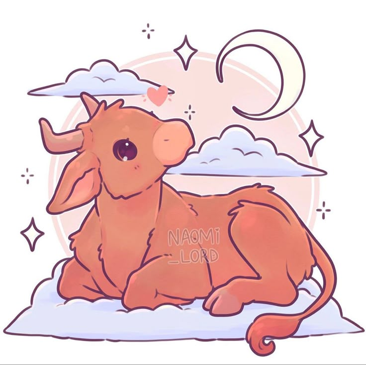 a brown cow laying on top of a cloud covered ground with the moon in the background