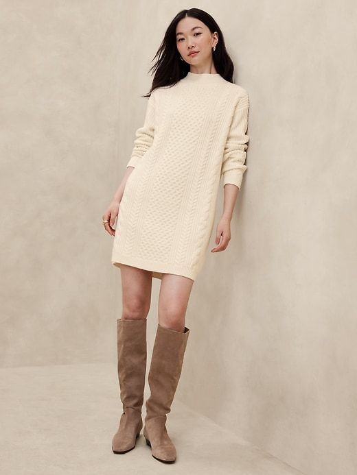 Cable Mini Sweater Dress | Banana Republic Factory Banana Republic Sweater Dress, Sweater Dress With Boots, Short Cream Dress, Women Sweater Dress, Stylish Outfits For Women Over 50, Midi Sweater Dress, Christmas Pics, Arm Cuffs, Mini Sweater